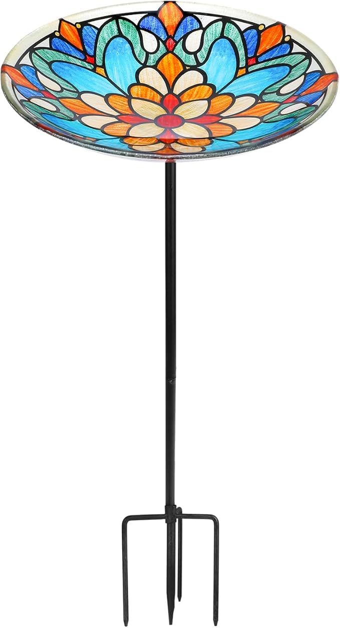 Bird Baths for Outdoors, Glass Birdbaths Outdoor Garden Birdfeeder with Metal Stake for Lawn Yard Decor, 24 Inch Height