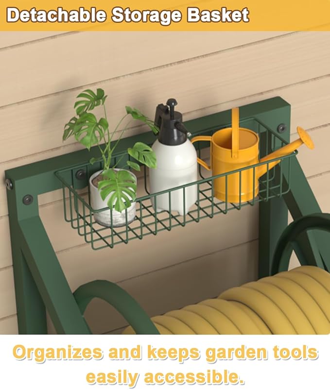 Triangle Wall Mounted Garden Hose Reel, Outdoor Heavy-Duty Water Hoses Holder Winder, Holds 125 Ft of 5/8-Inch Hose, with 3.9 ft Leader Hose, Brass Fitting, Storage Basket for Yard, Green