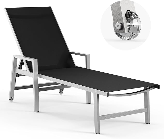Patio Chaise Lounge Outdoor Chair with Wheels&Armrests, Aluminum Pool Lounge Chairs 5-Position Adjustable Recliner, Outdoor Beach Lounge Chairs for Poolside, Patio, Deck, Yard, Black