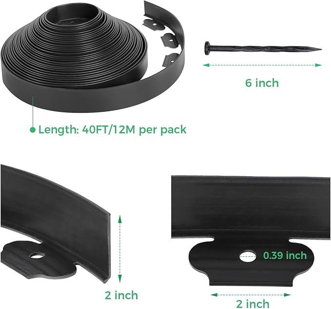 2-Inch x 80 FT Landscape Edging Border with 125 Spikes, Garden Edging Border Lawn Edging Kit, Plastic Edging for Landscape Flexible for Garden Flower Beds Lawn Yard Pathway (Black)