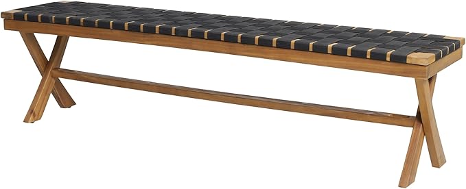 Christopher Knight Home Jeffery Outdoor Acacia Wood Bench with Rope Seating, Black and Teak 61x13.75x16.25 inches