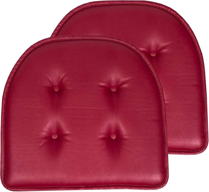 Sweet Home Collection Chair Cushion Memory Foam Pads Tufted Slip Non Skid Rubber Back U-Shaped 17" x 16" Seat Cover, 2 Count (Pack of 1), Faux Leather Burgundy Red