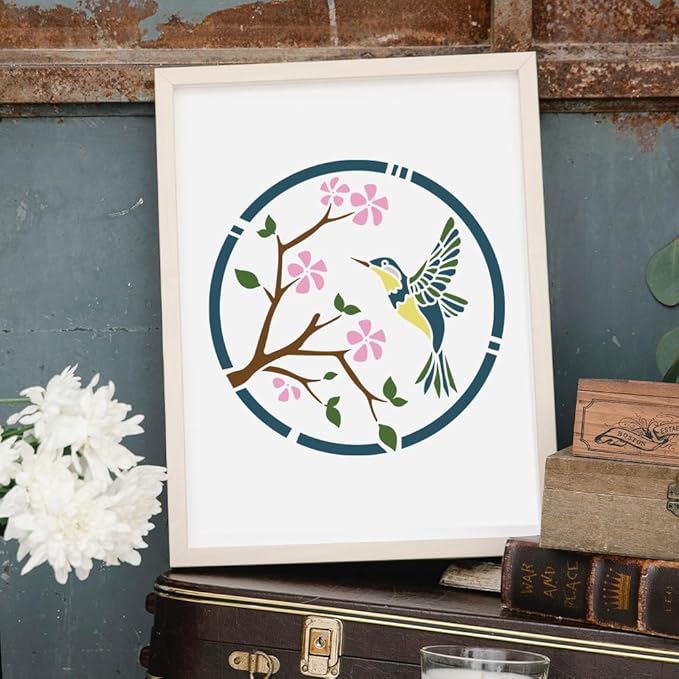 MAYJOYDIY 3pcs Round Flower Bird Stencils for Painting 11.8×11.8inch Large Hummingbird Floral Stencil with Paint Brush Nature Daisy Cherry Blossom Titmouse Flying Bird Stencil for Wood Wall Furniture