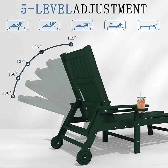 Patio Chaise Lounge Chair, Oversized Lounge Chair Outdoor with 5 Positions, HDPE, Patio Lounge Chair with Wheels & Cup Holder for Pool, Deck, Poolside,Green