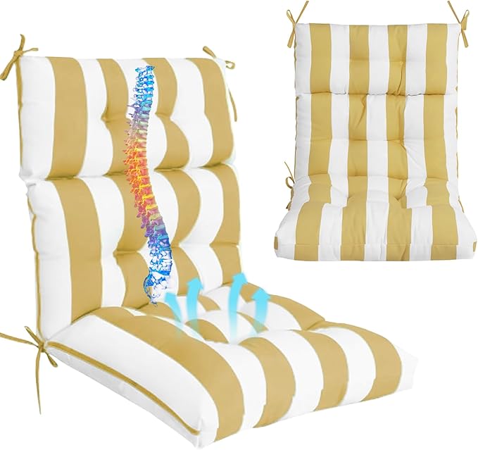 Outdoor High Back Chair Cushions 2-Pack, 44"x22"x 4" Fade-Resistant Waterproof Tufted Pads with Ties for Patio Rocking & Adirondack Chairs (Yellow White)