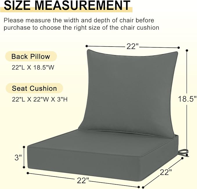 downluxe Outdoor Chair Cushions 22x22 with Removable Cover, Waterproof Patio Furniture Cushions, Deep Seat Cushions for Outdoor Furniture with Backrest for Sofa, Couch and Patio Chairs, Dark Grey