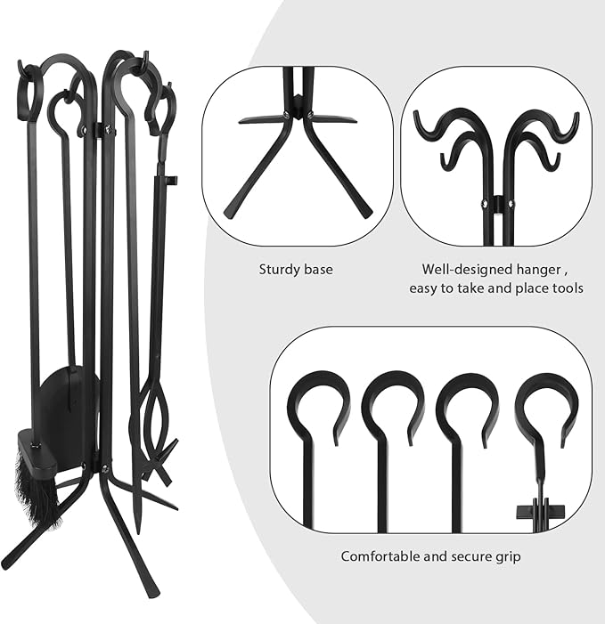 Fireplace Tools Set 5 Piece - Solid Wrought Iron Fire Place Tool Set with Stand, Heavy Duty Indoor Outdoor Fire Pit Accessories Kit, Stable X-Base Black
