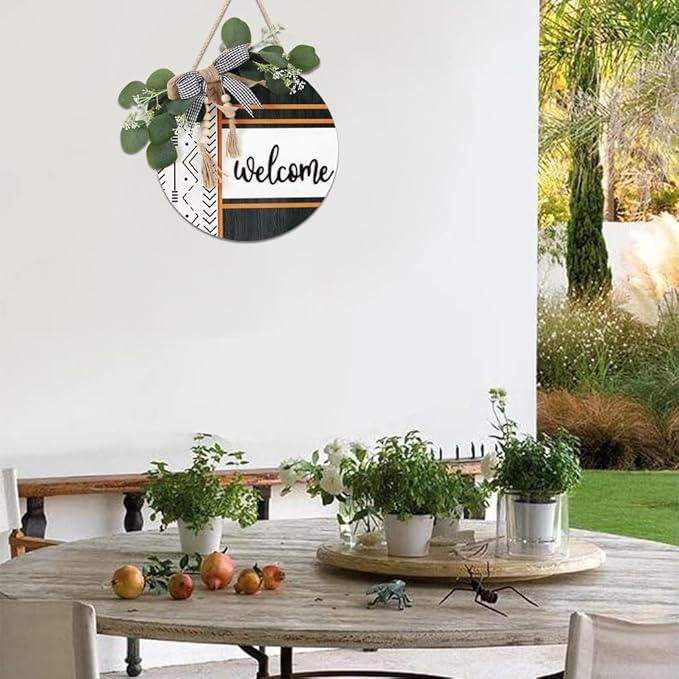 CHDITB Boho 3D Welcome Front Door Wreath Sign(12"x12"), Farmhouse Porch Door Decor Sign with Eucalyptus Leaves Plaid Bow Bead, Rustic All Year Seasons Door Hanger Decoration Hanging for Office Home