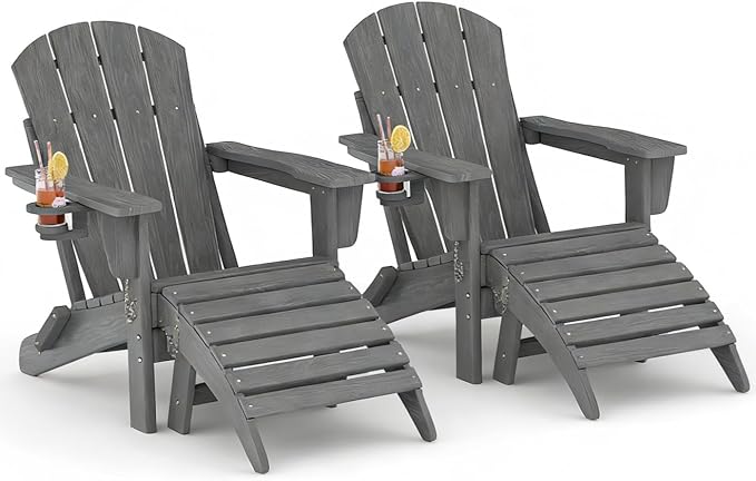 Folding Adirondack Chair Set of 4 with Ottoman, All-Weather HDPE Outdoor Chair, Wooden Textured with Cup Holder for patios, Decks, Gardens, fire pits, Grey