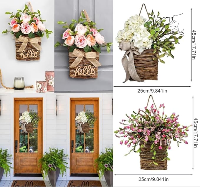 Cream Hydrangea Door Hanger Basket Wreath, Wildflowers Door Hanging Basket, Front Door Beautiful Artificial Spring and Summer Wreath Welcome Sign, Home Porch Farmhouse Decor (D)