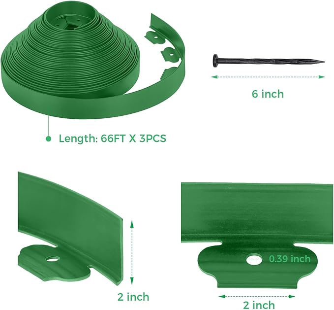 2-Inch x 200 FT Landscape Edging Border with 300 Stakes, Plastic Garden Edging Border Kit, Flexible No Dig Lawn Edging Border for Garden Flower Beds Yard Pathway Paver (Green)