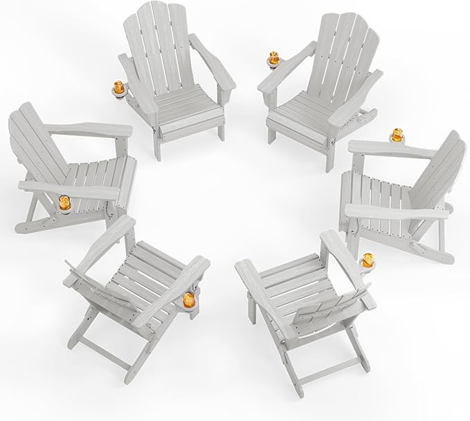 KINGYES Folding Adirondack Chair Set of 6, HDPE All-Weather Patio Chairs with Cup Holder, Wooden Textured Fire Pit Chairs for Poolside, Backyard, Deck, Silver Grey