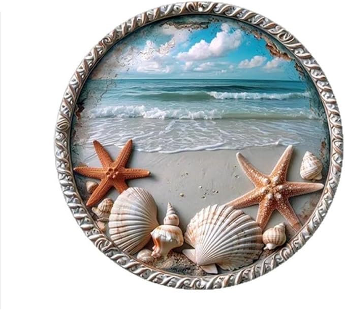 Metal Retro Shell Gasoline Wall Art, Creativity Art Decorations, Garden Sign Outside Decor，Wall Sculpture， Hanging Sculpture for Living Room Dining Room Bedroom Yard Outdoor Decor (Starfish and Shells)