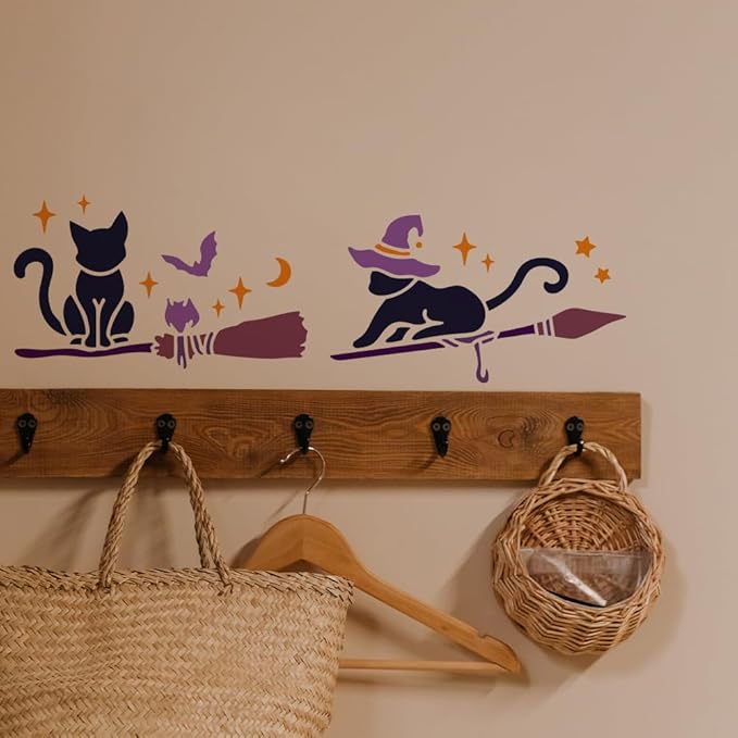 MAYJOYDIY Magic Cat Broom Stencils, 11.7 x 8.3 inch, 6 Styles with Paint Brush, DIY Craft Template for Furniture and Canvas
