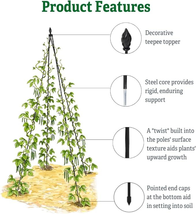 Gardeners Supply Company Extra Tall Garden Teepee Trellis | Sturdy Plant Support for Peas, Beans, Squash, and Other Garden Climbing Vine Plants | Quick and Easy Setup - 87" H