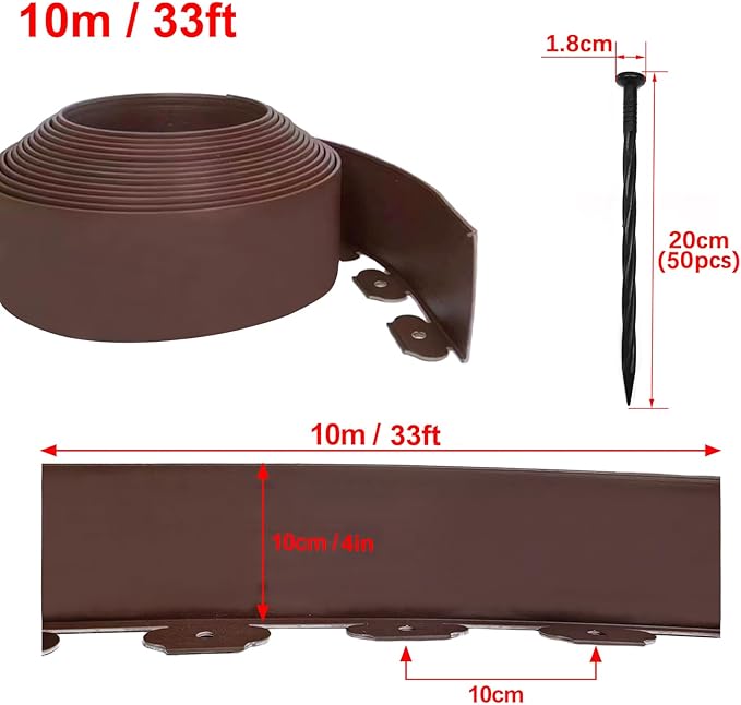 Garden Edging 33FT, 4IN High Landscape Edging Border Plastic Lawn Edging Roll with 50 Spikes for Yards, Flower Bed Edge, Sidewalks, Pathway, Brown