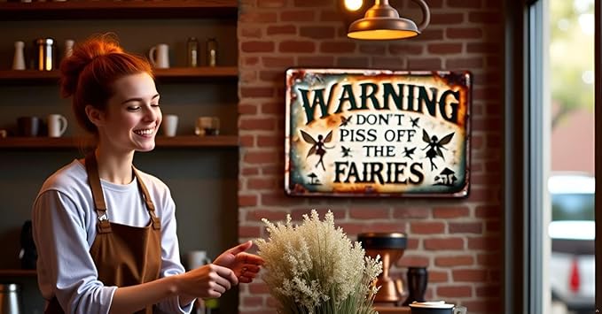 Vintage Rustic Fairy Warning Sign: Don't Piss Off the Fairies - 7.9" x 11.9" (30cm x 20cm) Perfect for Home, Garden, Cafe, Bar, Restaurant, Farm, Club, Shop
