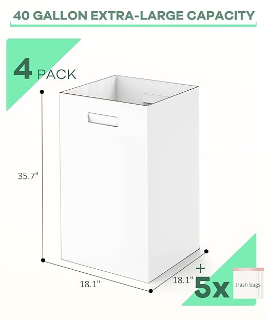 4 Pack Corrugated Cardboard Disposable Trash Cans for Parties, 40 Gallon Collapsible Garbage Cans with Handle, Thick Foldable Bins for Party Events Camping Beach(18.1" L x 18.1" W x 35.7" H), White