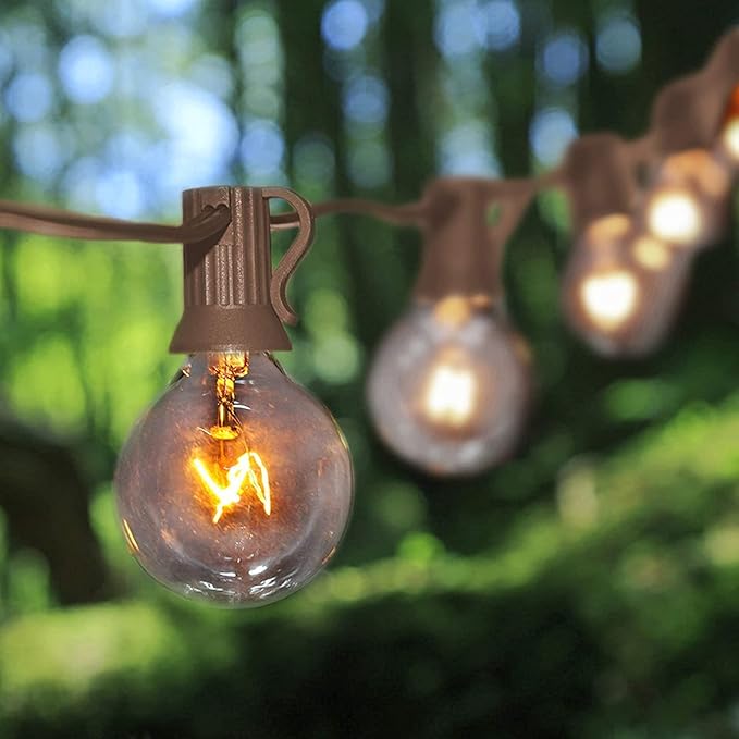 Abeja 25Ft Outdoor Patio String Lights with 27 Clear G40 Bulbs, UL Listed for Porch Bars Deck Wedding Party Markets Decor, 5W, E12 Socket Base, Brown