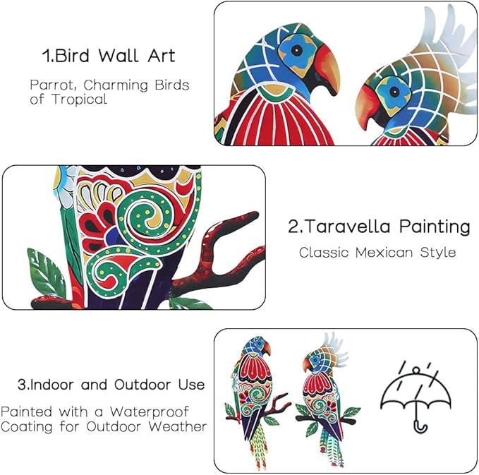 Outdoor Wall Decor, Parrot Decor, Outdoor Metal Wall Art, Mexican Birds Wall Sculpture, for Outside, Yard, Fence, Garden, Patio