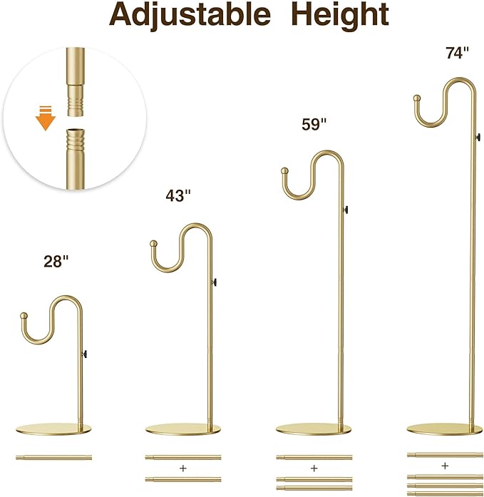 74" Gold Shepherds Hook Stand–Adjustable Free Standing Pole Holder for Hanging Bird Feeders, Plants, Lanterns, Wreaths, and Wind Chimes, Heavy Duty Base for Indoor & Outdoor Use, Holds Up to 20 LBS