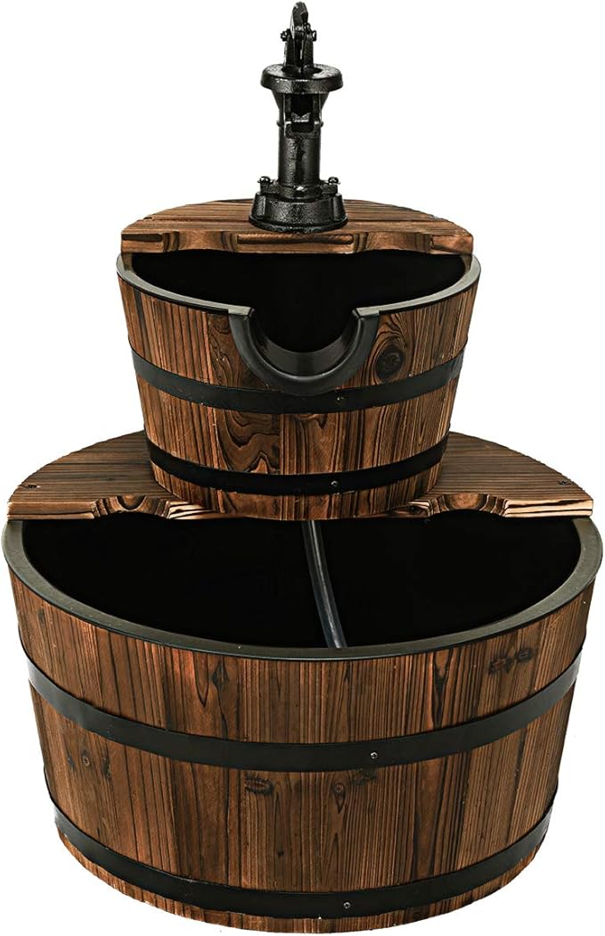 Giantex 2-Tier Barrel Waterfall Fountain Outdoor, Rustic Wood Barrel Cascading Water Fountain with Electric Pump, Outdoor Water Feature with Decorative Hand for Garden Patio Backyard Lawn Porch