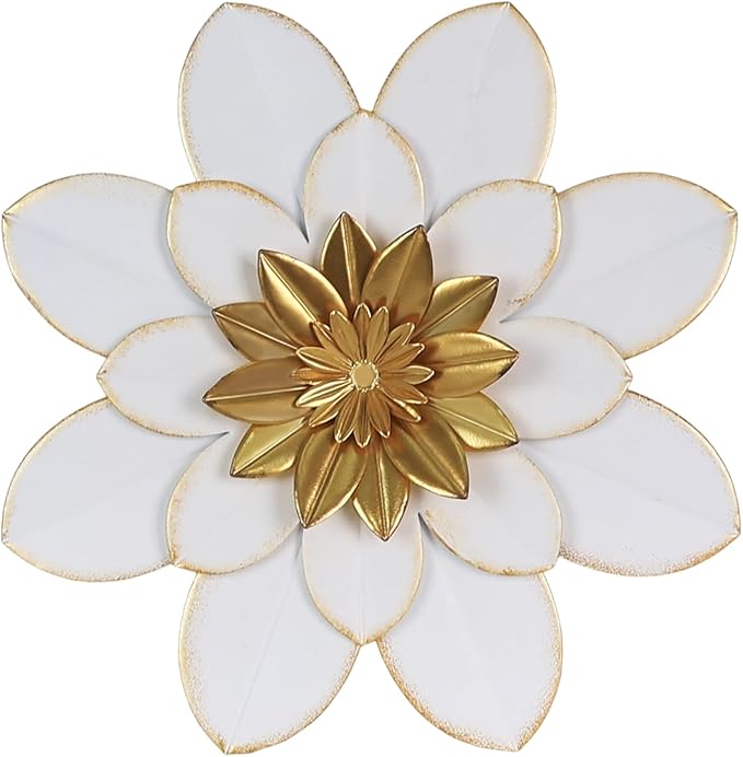 hogardeck Metal Flower Wall Decor, 16" White Gold Floral Metal Wall Art for Indoor Outdoor, Boho Farmhouse Modern Wall Decor for Bathroom, Living Room, Kitchen, Bedroom, Porch, Garden, Yard