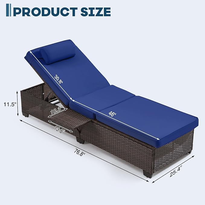 Outdoor Lounge Chairs, Pool Lounge Chairs Set of 2, Outdoor Chaise Lounge with Adjustable Backrest & Cup Holder,Blue