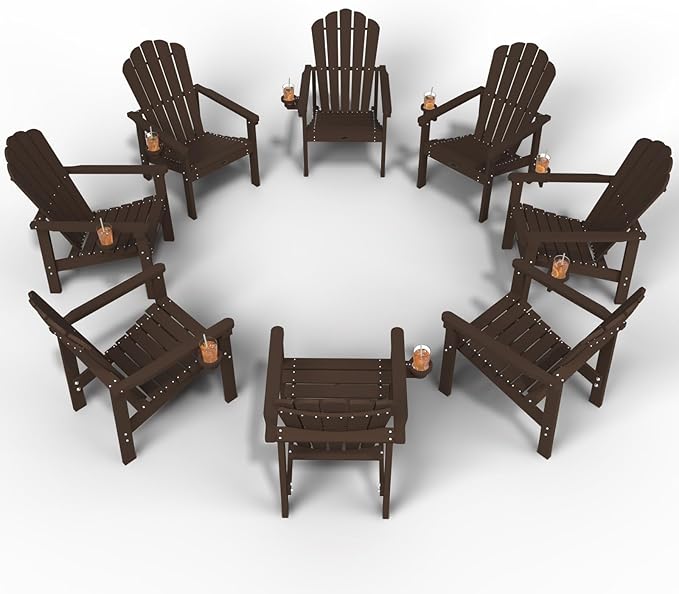 Stackable Adirondack Chair Set of 8, HDPE All-Weather Adirondack Chairs - Durable and Space Saving, Plastic Outdoor Fire Pit Chairs with Cup Holder,Brown