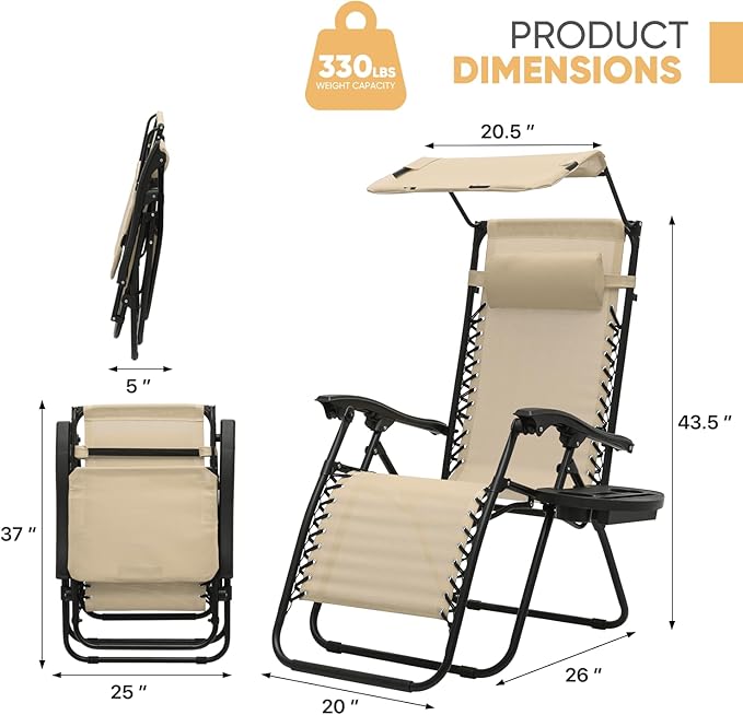 Magshion Zero Gravity Chair with Canopy Set of 2, Reclining Outdoor Patio Lounge Chair, Folding Anti Gravity Recliner, Portable Lounger with Removable Cup Holder Side Tray and Pillow Headrest (Cream)