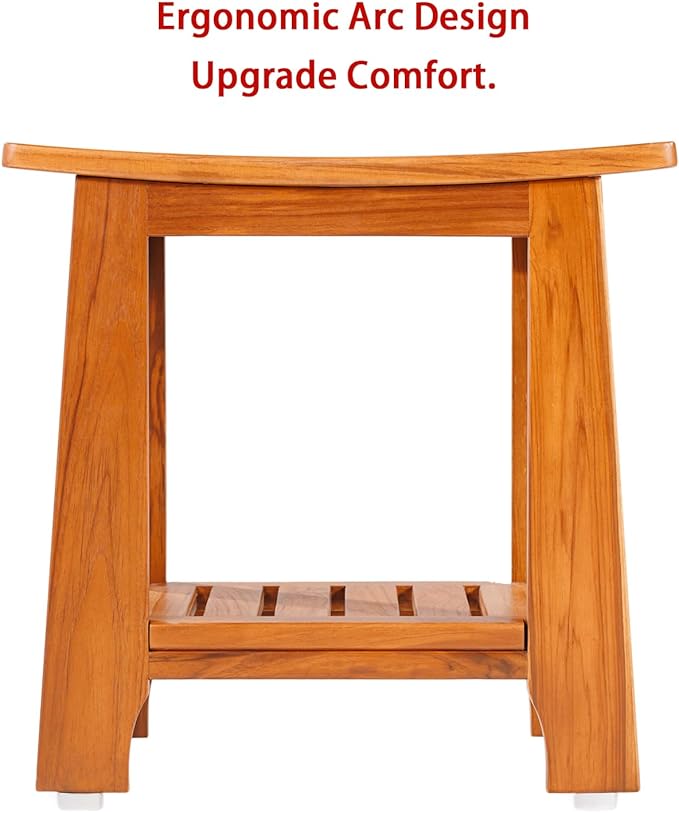 21" Standard Teak Shower Bench with Shelf & Handle - Waterproof, Non-Slip Bath Stool, 300 lbs Capacity - Fits Standard Tubs/Showers & Outdoor Use (Patented)