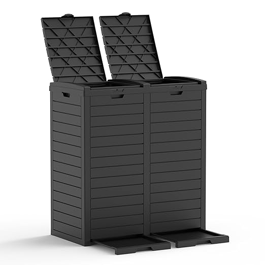 EFU 76 Gallon Outdoor Trash Can,Waterproof Resin Garbage Can with Tiered Lid & Drip Tray, Outside Trash Bin for Patio,Kitchen, Backyard & Deck, Black