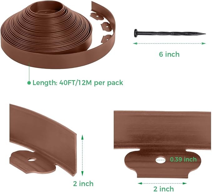 2-Inch x 80 FT Landscape Edging Border with 125 Spikes, Garden Edging Border Lawn Edging Kit, Plastic Edging for Landscape Flexible for Garden Flower Beds Lawn Yard Pathway (Brown)