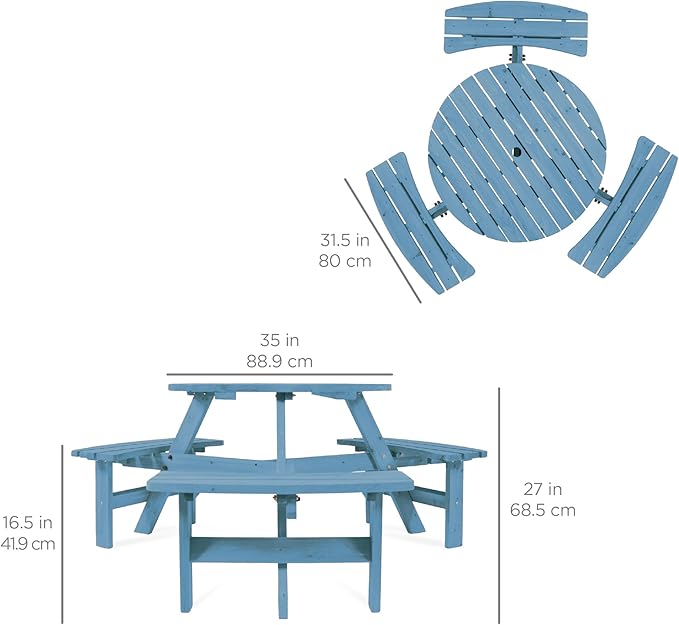 Best Choice Products 6-Person Circular Outdoor Wooden Picnic Table for Patio, Backyard, Garden, DIY w/ 3 Built-in Benches, 500lb Capacity - Seaside Breeze