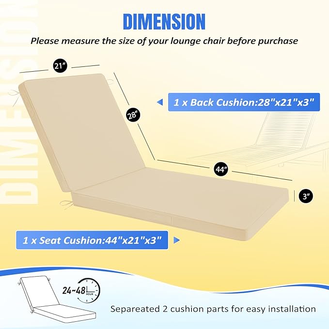 Basic Beyond Chaise Lounge Cushions Outdoor, 3-Layer Waterproof Outdoor Furniture Cushions with Removable Cover and 4 Ties, 72"x21"x3" Patio Lounge Chair Cushions for Outdoor Furniture, Beige