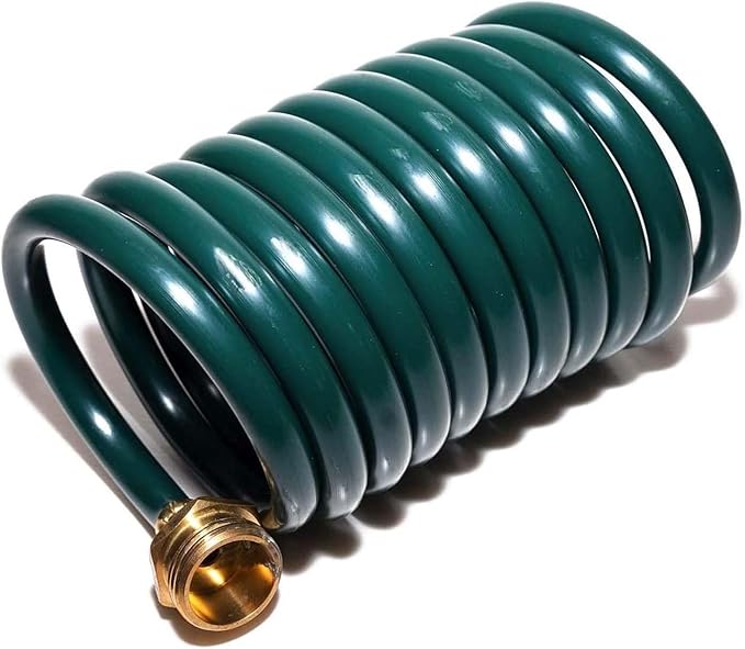 Lightweight EVA Coil 15 ft Garden Hose with 1/2" GHT Solid Brass Fittings, Water Hose with Brass Connectors (15FT, Green)