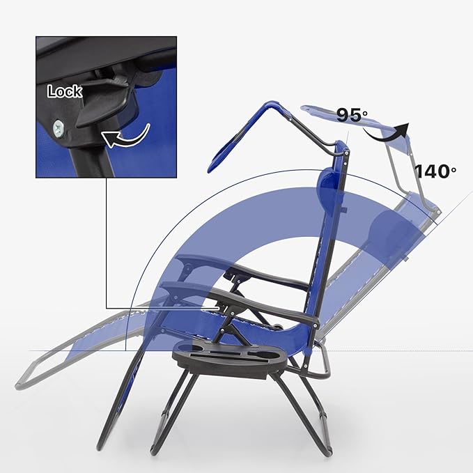 Magshion Zero Gravity Chair with Canopy Set of 2, Reclining Outdoor Patio Lounge Chair, Folding Anti Gravity Recliner, Portable Lounger with Removable Cup Holder Side Tray and Pillow Headrest (Blue)