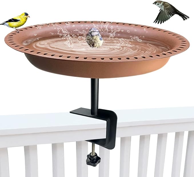 Garbuildman Deck Mounted Bird Bath Bowl Spa Birdfeeder & Adjustable Unheated Birdbath with Heavy Duty Clamp for Outdoor Garden, Oval Style, Brown