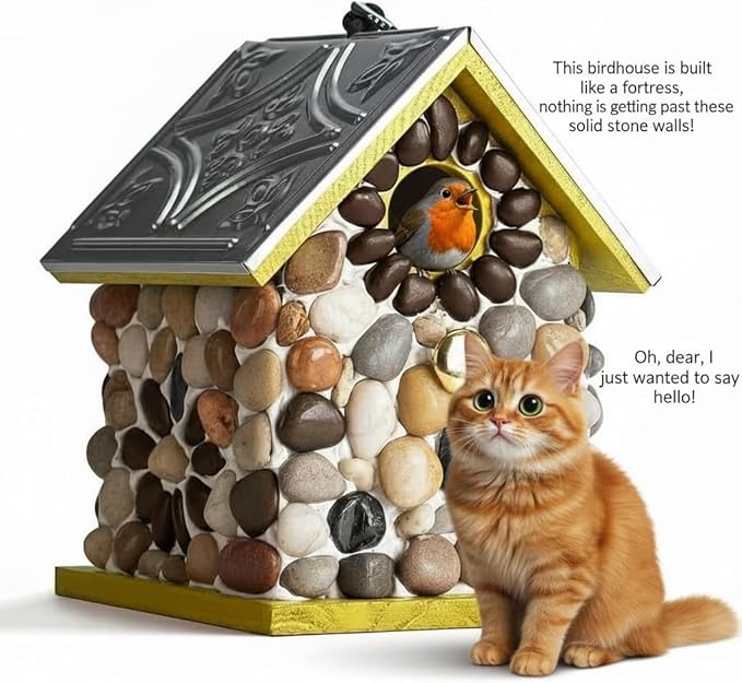 Premium River Pebble Bluebird House – Cedar Wood Outdoor Birdhouse with Embedded Metal Roof, Weather-Resistant Garden Nest Box for Wild Birds, Hanging & Pole Mountable (Yellow)