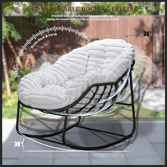 Outdoor Rocking Chair, Patio Wicker Egg Chair, Indoor Comfy Oversized Papasan Chair with Padded Cushion, Royal Rattan Rocker for Front Porch, Garden, Patio (White)