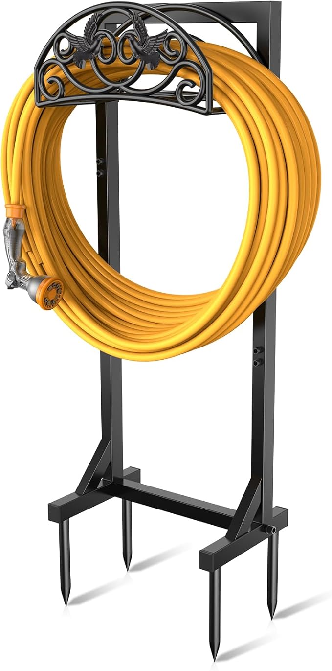 Freestanding Garden Hose Holder, Heavy Duty Water Hose Holder Stand with Stable 4-Spike Base, Fits 5/8" Hoses up to 150ft, No-Drill Yard Storage Alternative to Hose Reel