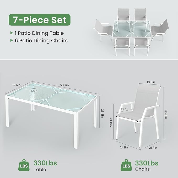 7 Piece Patio Dining Sets for 6, Outdoor Table and Chairs Set with 59in Patio Dining Table and 6pcs Textilene Chairs, All Weather Furniture Set for Backyard Deck Garden