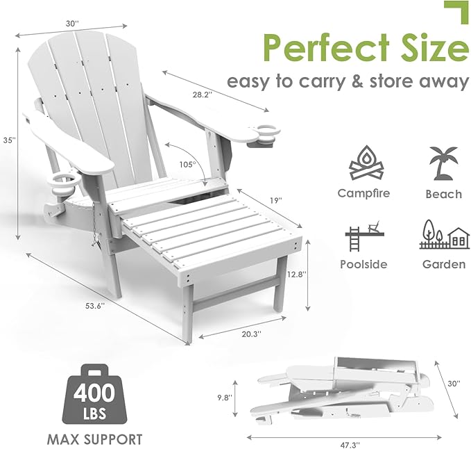 GREENVINES Adirondack-Chairs-with-Ottoman | Set of 6 | Folding | Retractable-Footrest | HDPE Plastic | All Weather Fire Pit Chair | Cup Holders | White | for Outdoor Poolside