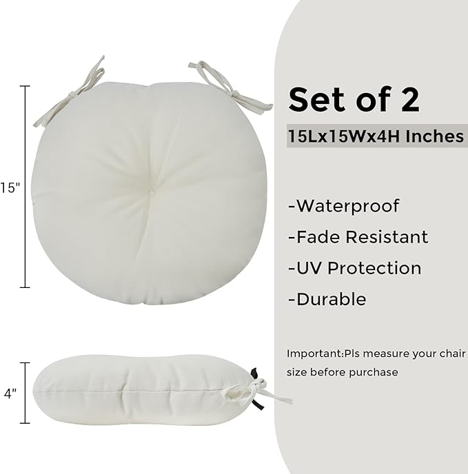 Bistro Chair Cushions 15 inch,Set of 2,Tufted Round Chair Cushions with Ties,15"x15"x4",Water Resistant Round Seat Cushion for Barstool Chairs,Patio Garden Kitchen Outdoor Furniture(Cream White)