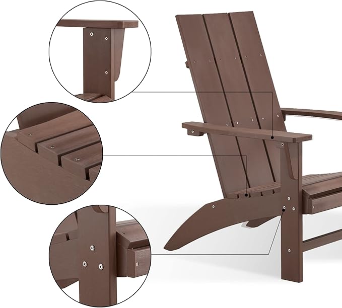 Psilvam Modern Adirondack Chairs Set of 2, Oversized Poly Lumber Fire Pit Chair, 350 Lbs Support Patio Chairs for Garden, Weather Resistant Adirondack Chair Looks Like Real Wood (Brown)