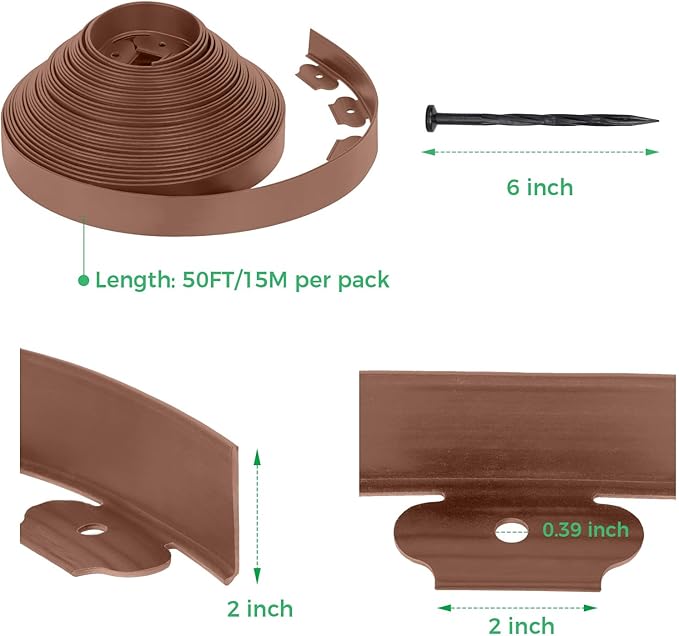 2-Inch x 50 FT Landscape Edging Border with 75 Spikes, Garden Edging Lawn Border Kit, Plastic Edging Border Flexible for Garden Flower Beds Lawn Yard Pathway (Brown)