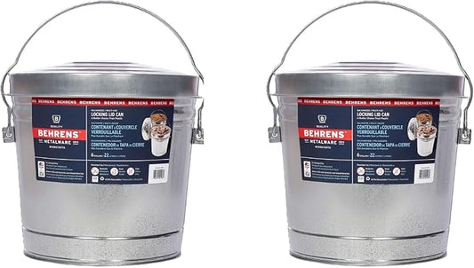 Behrens 6 Gallon Galvanized Steel Storage Can or Waste Bin w/Locking Lid & Handle (2 Cans, No Grip)
