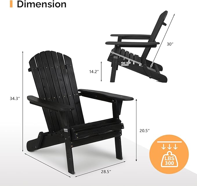 VINGLI Folding Adirondack Chairs Set of 6, Wood Adirondack Chair for Outdoor, Foldable Fire Pit Chairs for Patio, BBQ, Porch, Yard, Pool, Black