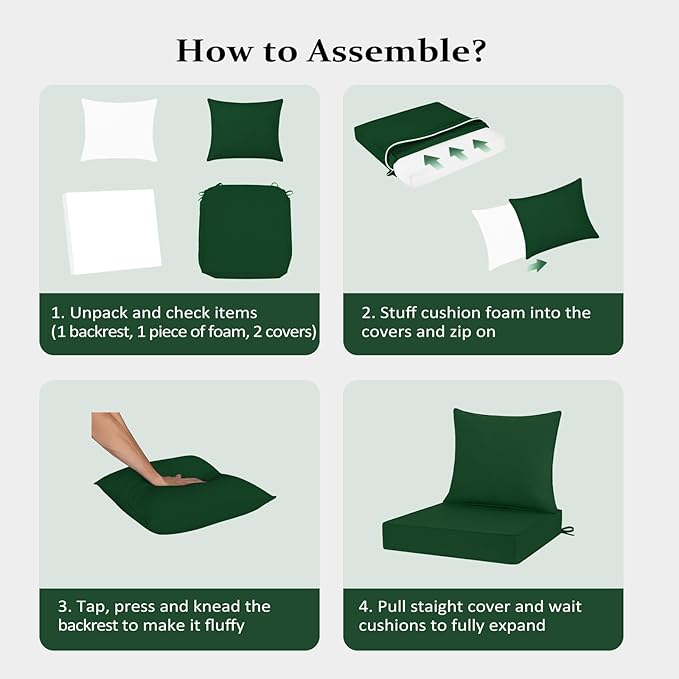 Cozyide Outdoor Chair Cushions 24x24, Washable Patio Furniture Cushions with Removable Cover, Waterproof Outdoor Deep Seat Cushion Set with Non-Slip Ties and Handle, Dark Green