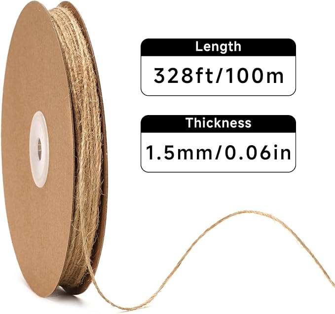 G2PLUS 328FT Jute Twine 1.5mm 2 Ply Natural Craft Twine String for Gift Wrapping, DIY Crafts, Gardening & Home Use
